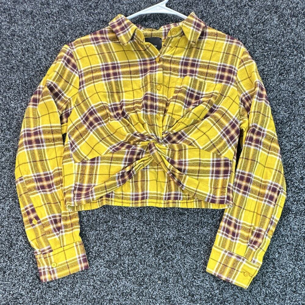 LUMIÈRE Yellow Plaid Flannel Cropped Button-Up Shirt Long Sleeve Size M